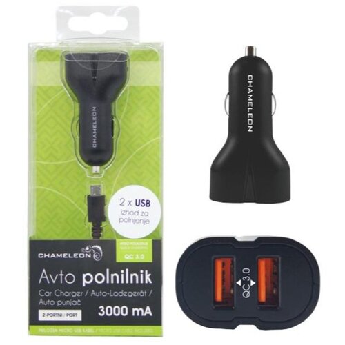 Chameleon Avto polnilnik 2-portni (QC 3.0) z MicroUSB kablom (IBD318-2U) Slike