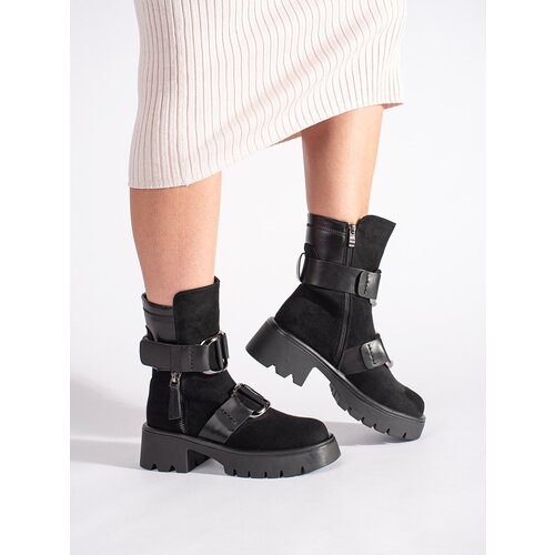 GOODIN Black suede women's ankle boots with buckles Cene