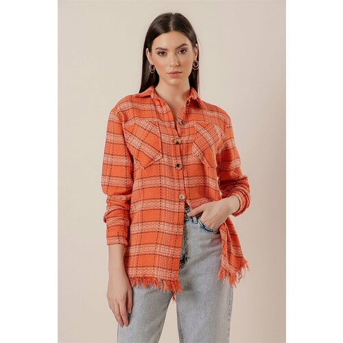 By Saygı Large Checkered Shanel Shirt Orange with Tassels Skirt Cene