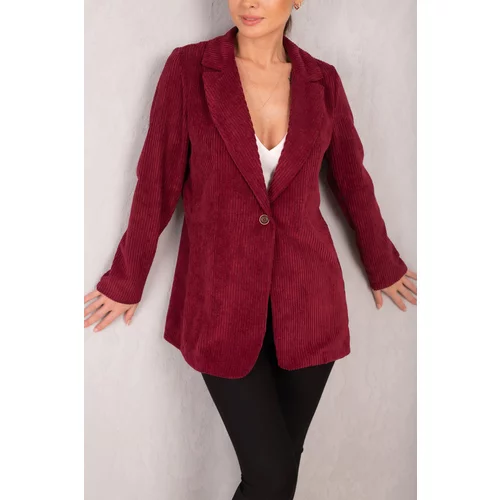 armonika Women's Burgundy Single Button Velvet Jacket
