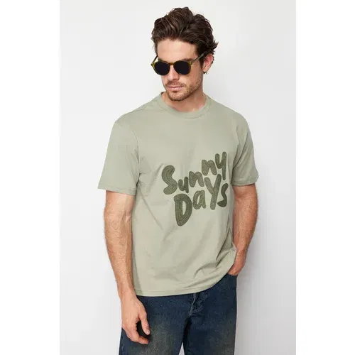 Trendyol Green Men's Relaxed/Casual Fit Crew Neck 100% Cotton T-Shirt with Text Embroidered