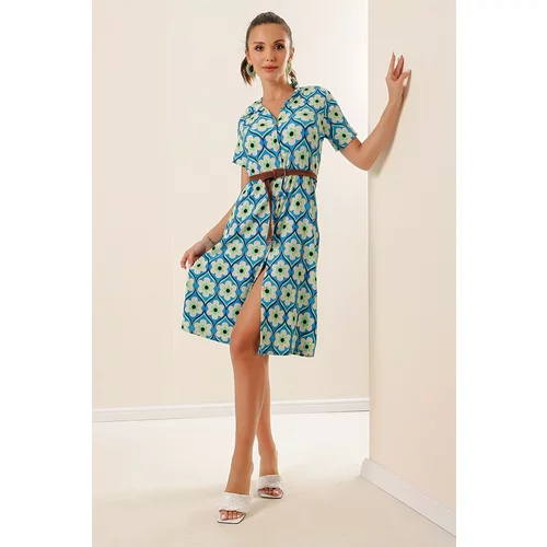 By Saygı Blue Front Buttoned Belted Floral Pattern Short Sleeve Seersucker Dress