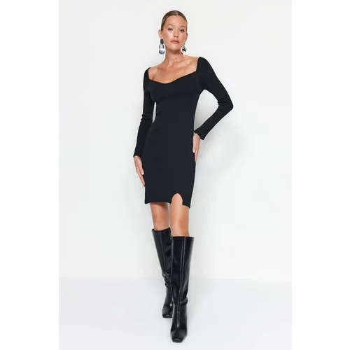 Trendyol Black Corduroy Sweetheart Neck Fitted Long Sleeves Stretchy Mini Knit Dress
