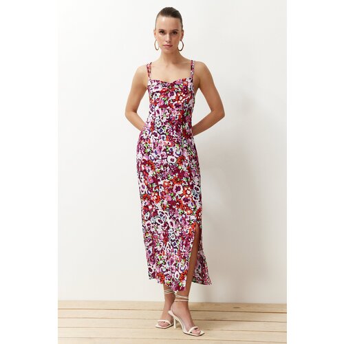 Trendyol Pink Floral A-line Viscose Strap Midi Woven Dress Cene