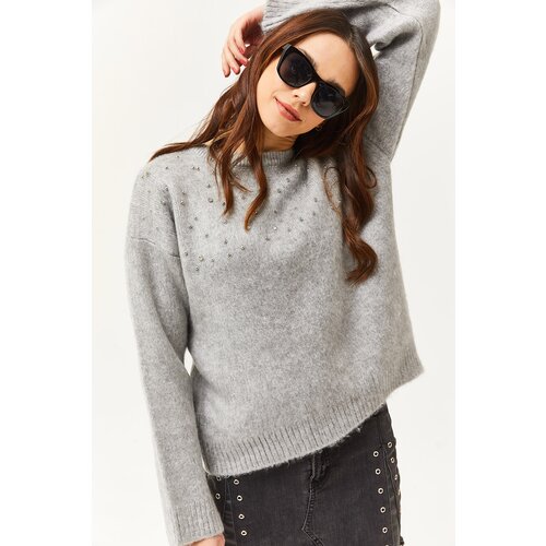 Olalook Women's Gray Stone Detailed Soft Textured Thick Knitwear Sweater Slike