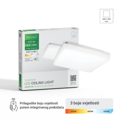  LED plafonjera Green Tech 18W, 3CCT, 28x28cm, IP54, bijela Slike