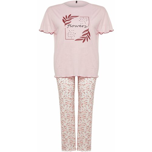 Trendyol Curve Pink Floral Pattern Knitted Pajamas Set Slike