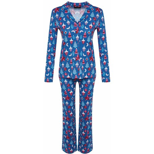 Trendyol Blue Single Jersey Knitted Christmas Theme Shirt-Pants Pajama Set Slike