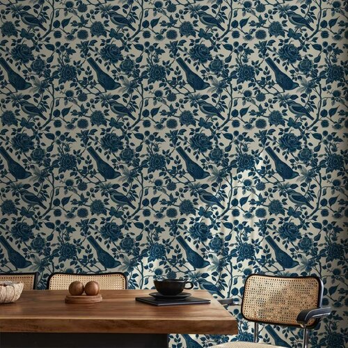  Tapeta - Birds and roses - monochrome blue pattern with botanical motif 50x1000 Cene