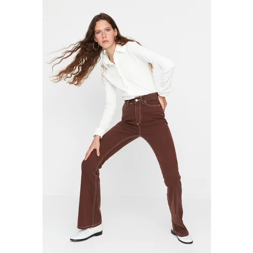Trendyol Brown Stitch Detail High Waist Flare Jeans