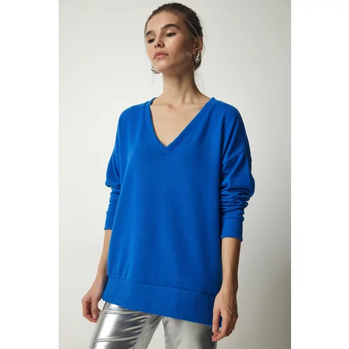 Happiness İstanbul Women's Cobalt Blue V-Neck Soft Knitted Sweater