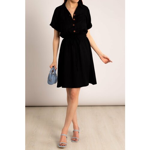 armonika Women's Black Short Sleeve Shirt Dress with Elastic Waist Slike