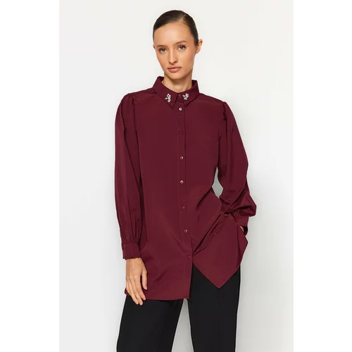 Trendyol Claret Red Collar with Embroidered Stones Detail Woven Shirt
