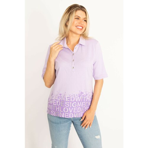Şans Women's Plus Size Lilac Polo Collar Pat Buttoned Glitter And Stone Detailed Blouse Slike
