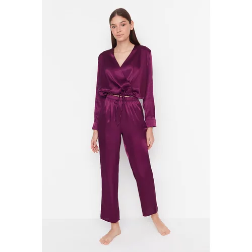 Trendyol Purple Double Breasted Collar Waist Detail Satin Woven Pajamas Set