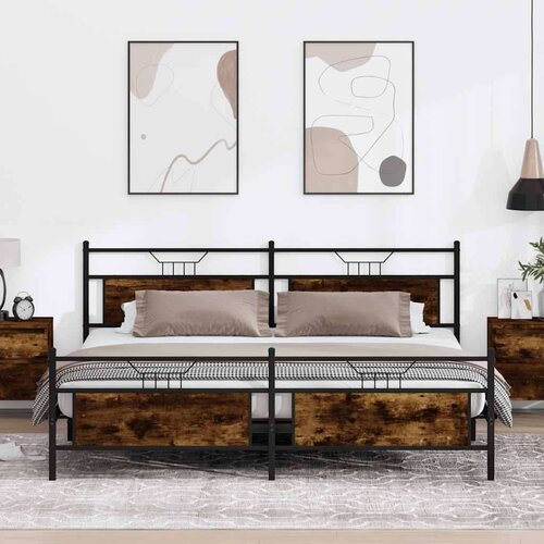Metalni Kovinski posteljni okvir brez vzmetnice dimljen hrast 193x203cm, (21829666) Slike