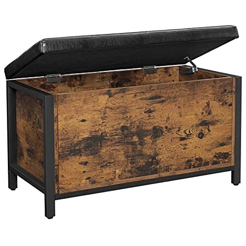 Songmics Klop s &amp;scaron;katlo za shranjevanje, oblazinjen sedež, stolček na koncu postelje, hodnik, spalnica, dnevna soba, kovina, enostavna montaža, industrijsko oblikovanje, črno sintetično usnje, rustika, (21669709) Slike