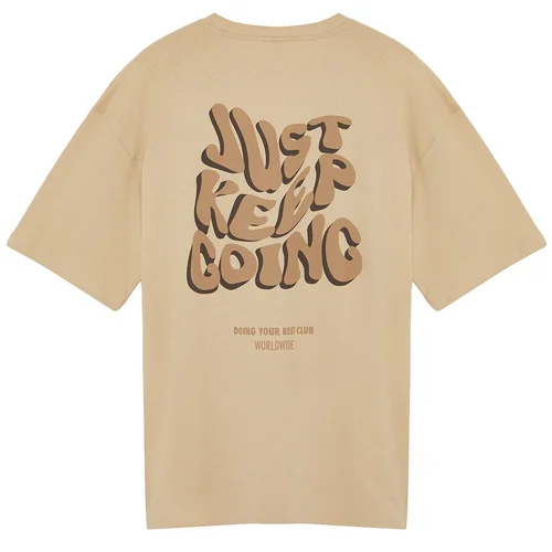 Trendyol Camel Oversize/Wide Cut More Sustainable 100% Organic Cotton T-shirt with Back Text Printed