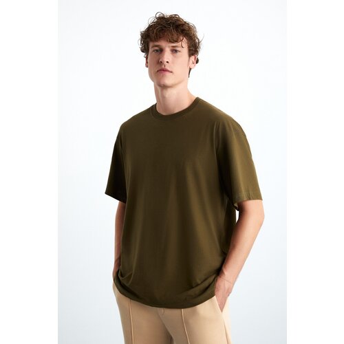 Grimelange Jett Men's Oversize Fit 100% Organic Cotton Thick Textured Crew Neck Khaki T-shirt Slike