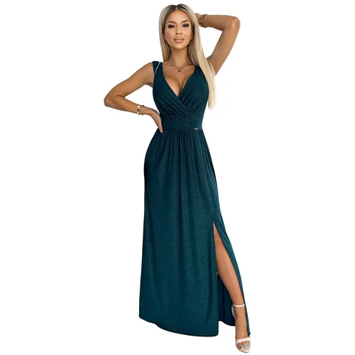 Numoco Long brocade dress with neckline and slit