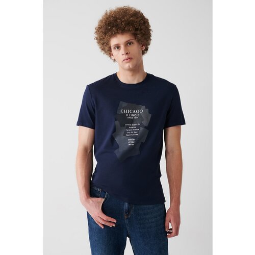 Avva Men's Navy Blue 100% Cotton Crew Neck Printed Comfort Fit Relaxed Cut T-shirt Slike