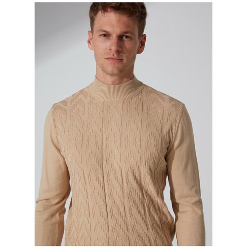 ALTINYILDIZ CLASSICS Men's Beige Anti-Pilling Standard Fit Regular Fit Half Turtleneck Dobby Knitwear Sweater Slike