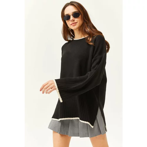 Olalook Women's Black Collar Skirt and Cuff Detailed Oversize Knitwear Sweater