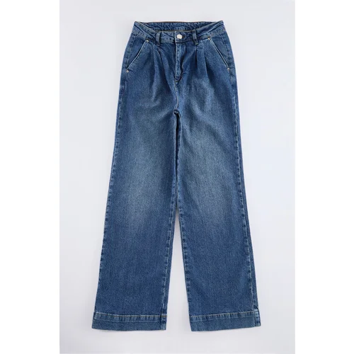 Trendyol Blue Pleated Comfort High Waist Wide Leg Jeans