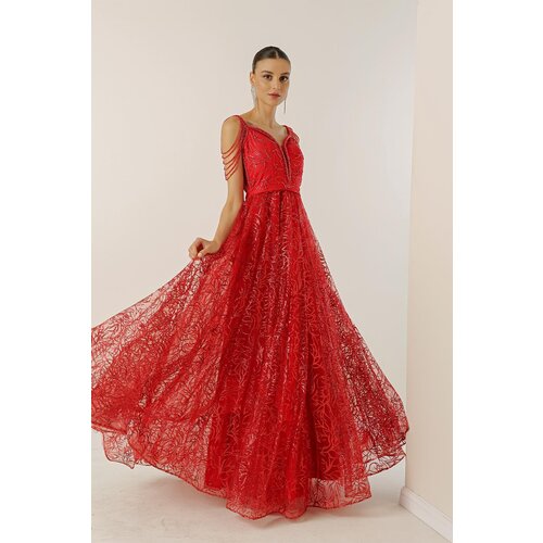 By Saygı Lined with Beads, Glitter Flocked Print Long Dress Cene