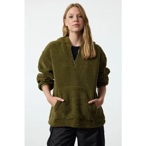 Trendyol Khaki Zippered Hooded Oversize/Wide Fit Plush Knitted Sweatshirt