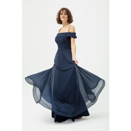 Lafaba Women's Navy Blue Thin Strap Boat Neck Silvery Long Evening Dress