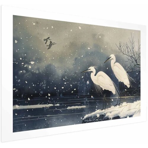  Plakat - Herons over a Winter Pond - illustration in the Japanese style in dark colors 42x29.7 Bez okvira s margom Cene