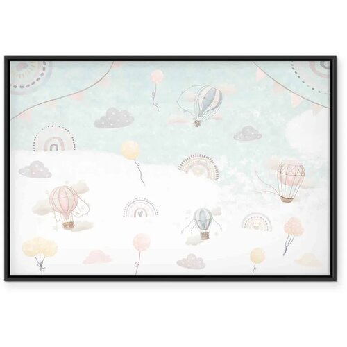  Slika - Sky with Balloons - Balloons in Subdued Colors Flying in the Sky Among Clouds Rainbows and Stars 90x60 U crnom drvenom o Cene