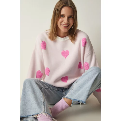 Happiness İstanbul Women's Light Pink Heart Textured Oversize Knitwear Sweater