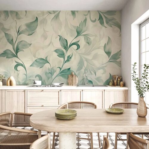  Foto tapeta - Watercolor Botanical Motif Delicate Green-Beige Leaves 350x256 Vodootporna Cene
