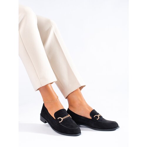 SHELOVET Suede black loafers with chain Slike