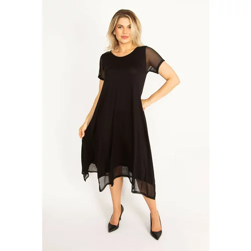 Şans Women's Plus Size Black Sleeves And Hem Tulle Detailed Side Slit Dress