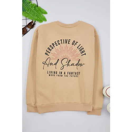 Trendyol Stone Oversize/Wide Cut Crew Neck Sweatshirt with Text Printed on the Back and Fleece Inside