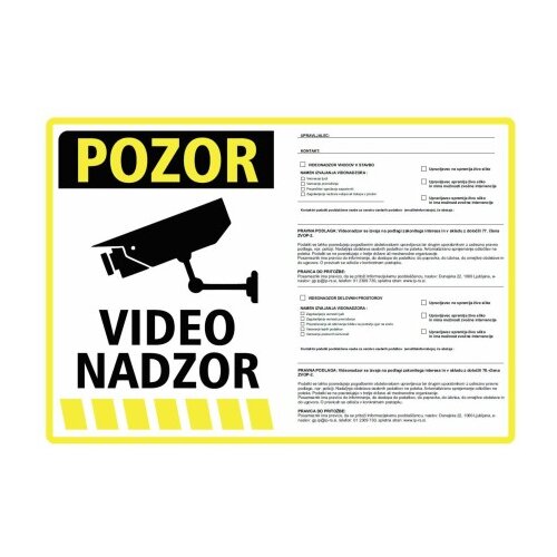 TECHTRADE Nalepka "VIDEONADZOR" A5(190x133) rumena + 77. in 78. člen ZVOP-2 Cene