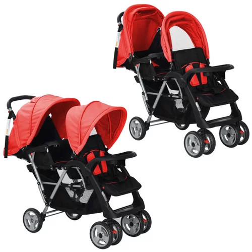  Dvojni otroški voziček jeklen rdeče in črne barve
