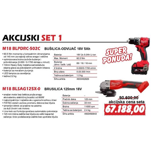 Milwaukee Set aku bu&amp;scaron;ilica-odvijač 18V 5Ah M18 BLPDRC-502C + aku brusilica 18V 125mm M18 BLSAG125X-0 Slike