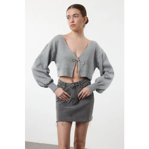 Trendyol Grey Super Crop Basic Bow Knit Cardigan