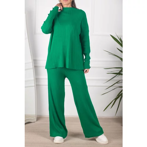 armonika Women's Green Thick Ribbed Standing Collar With Buttons, Knitwear Suit