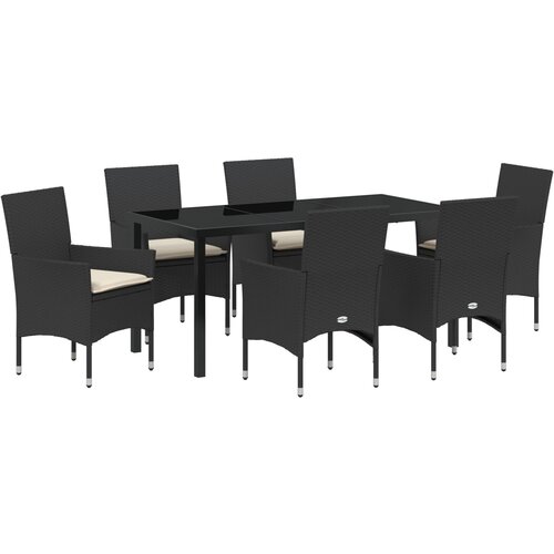VidaXL set za blagovanje u vrtu od 7 komada s jastučićima Crni poli ratan, blagovački stol crni 160x80x73 cm s kaljenim staklom Slike