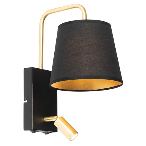 QAZQA Moderna stenska svetilka črno-zlata z bralno svetilko - Renier