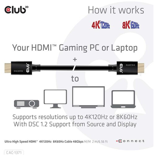 Club3d HDMI Priključni kabel [1x Mu&amp;scaron;ki konektor HDMI - 1x Mu&amp;scaron;ki konektor HDMI] 1 m Crna Slike