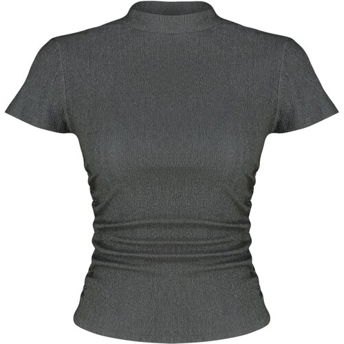 Trendyol Anthracite High Collar Short Sleeve Gather Detailed Flexible Knitted Blouse Slike