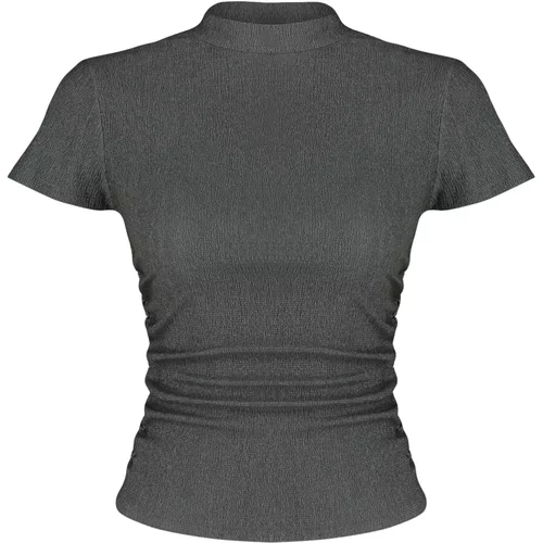 Trendyol Anthracite High Collar Short Sleeve Gather Detailed Flexible Knitted Blouse