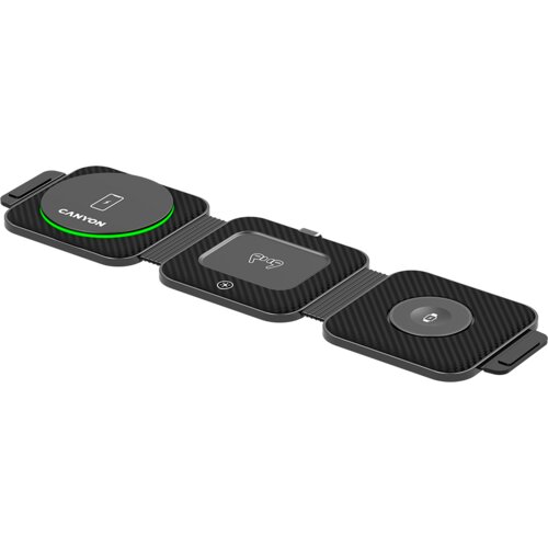 Canyon WS-305, Foldable 3in1 Wireless charger with case, touch button for Running water light, Input 9V/2A, 12V/1.5AOutput 15W/10W/7.5W/5W, Type c to USB-A cable length 1.2m, with charger QC 18W EU plug, Fold size: 97.8*72.4*25.2mm. Unfold size: 272*72.3*10mm, 0.196Kg, black. Cijene