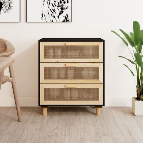 vidaXL Komoda črna 60x30x70 cm trdna borovina in naravni ratan Cene